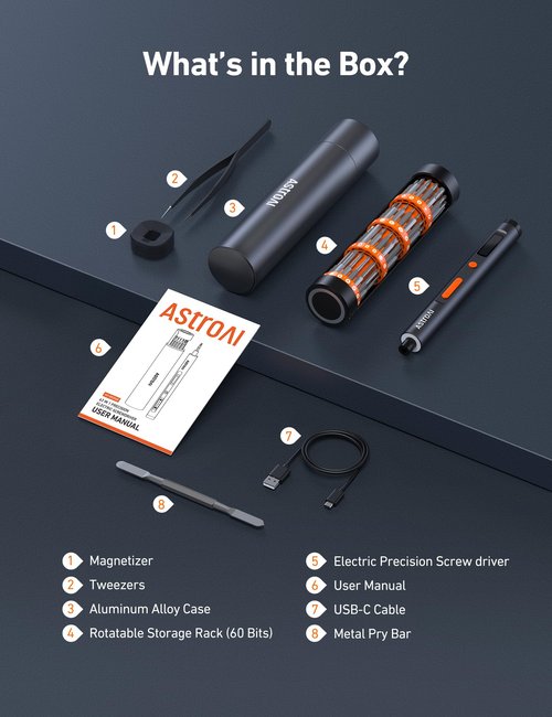 AstroAI ES60 3.7V Mini Electric Screwdriver, 63-in-1 Electric Screwdriver Cordless Set with 60 Magnetic Bits, Rotatable Magnetic Storage, Repair Tool Kit for Phone Camera Laptop Watch