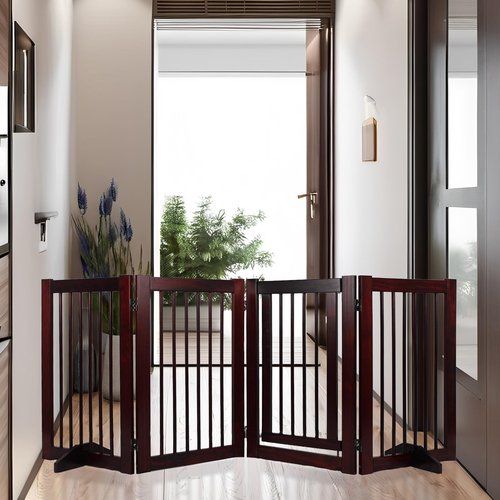 Indoor Dog Gate, Wooden Freestanding Pet Gate, Foldable Dog Gates for Doorways, No Drilling for The House, Doorways, Hallways,or Stairs, 30" Height 4 Panels Set of Support Feet Included (Espresso)