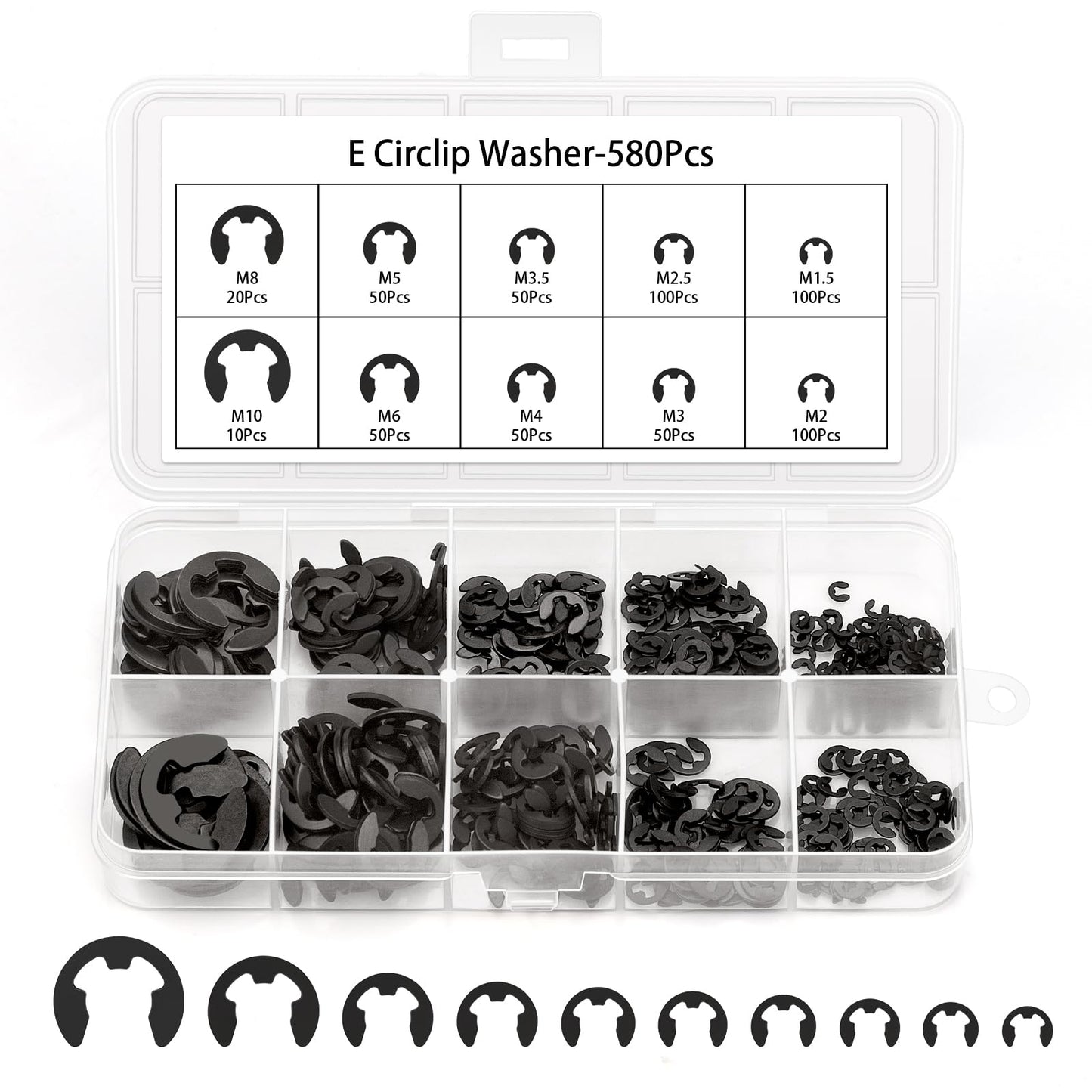 580PCS Black Alloy Steel E-Clip Assortment Kit, E-Clip Assortment Set Include 10 Sizes, Retaining Rings for Bearings, Gears, Pulleys, Axles (M1.5-M10)