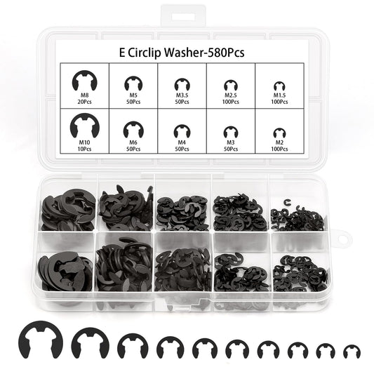 580PCS Black Alloy Steel E-Clip Assortment Kit, E-Clip Assortment Set Include 10 Sizes, Retaining Rings for Bearings, Gears, Pulleys, Axles (M1.5-M10)