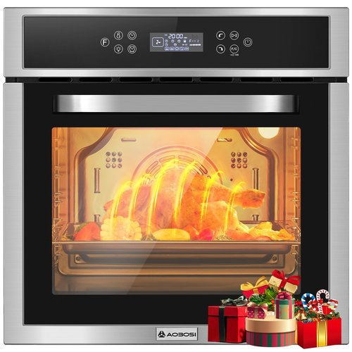 AAOBOSI Single Wall Oven, 24 Inch Electric Built-in Convection Oven 2.5 Cu.Ft 2800W 240V LED Digital Display Touch Control Timer Alarm Clock ChildLock for Kitchen,Drop Down Door in Stainless Steel