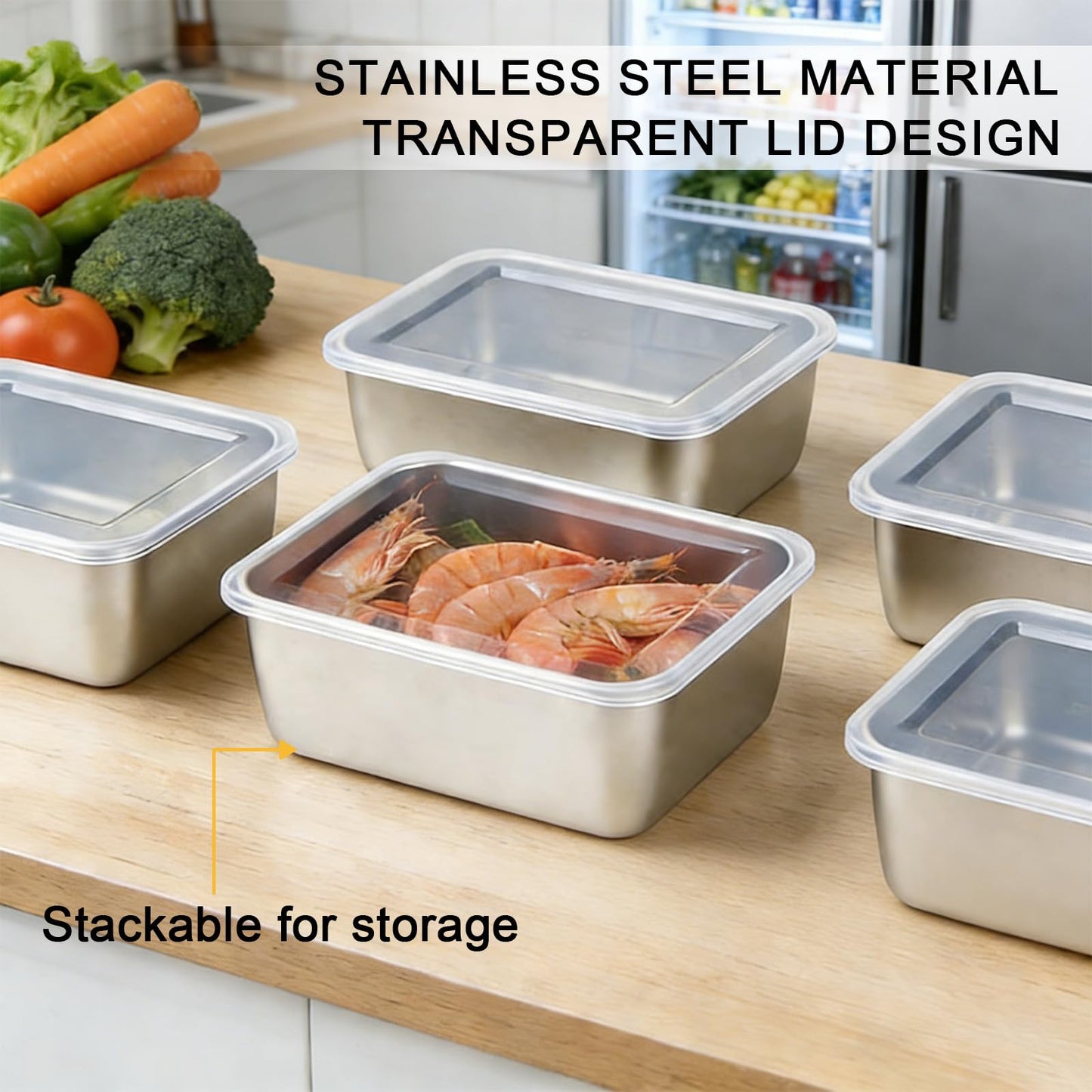 5 PCS Stainless Steel Storage Containers with Clear Lids,Food Prep and Storage Containers, for Pantry, Fruit & Snack Organization.