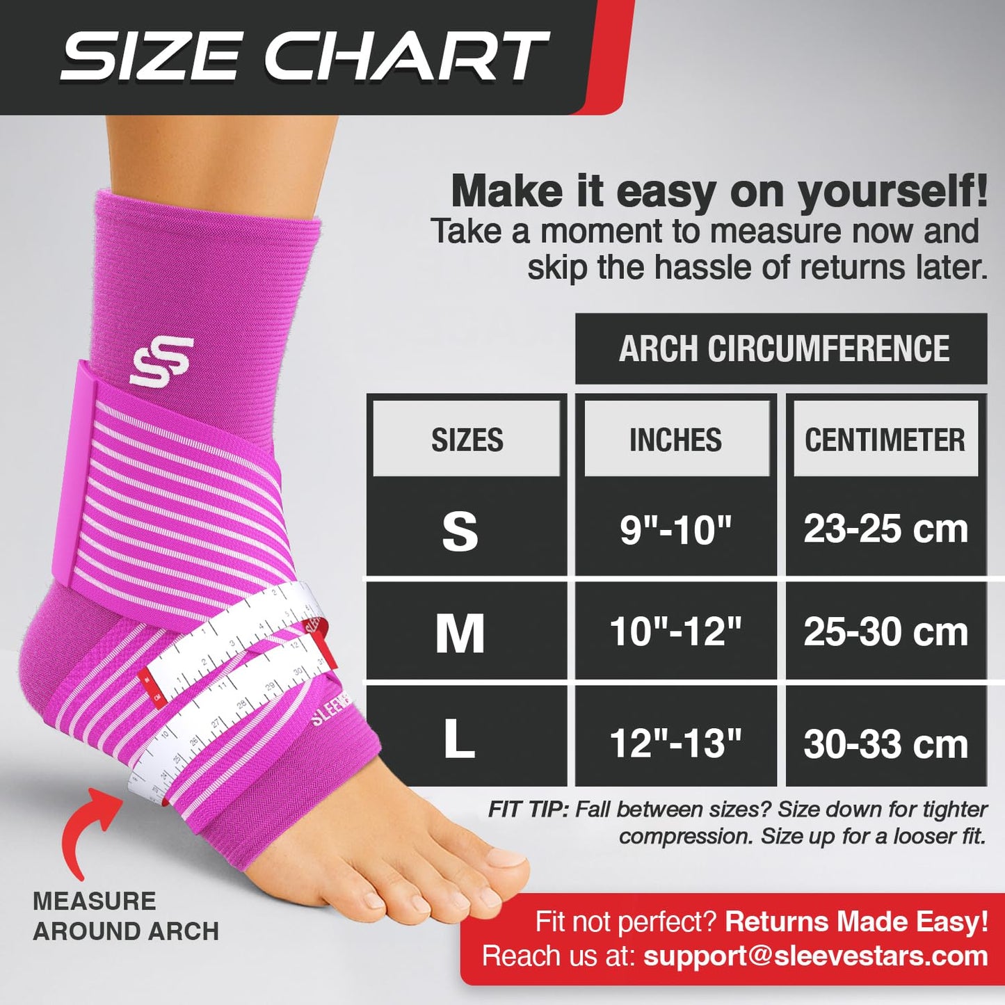 Sleeve Stars Ankle Brace for Women & Men, Ankle Wrap for Sprained Ankle, Compression Sleeve for Plantar Fasciitis Relief, Easy Customizable Support: w/Removable Strap (Single/L:12"-13"/Hot Pink)