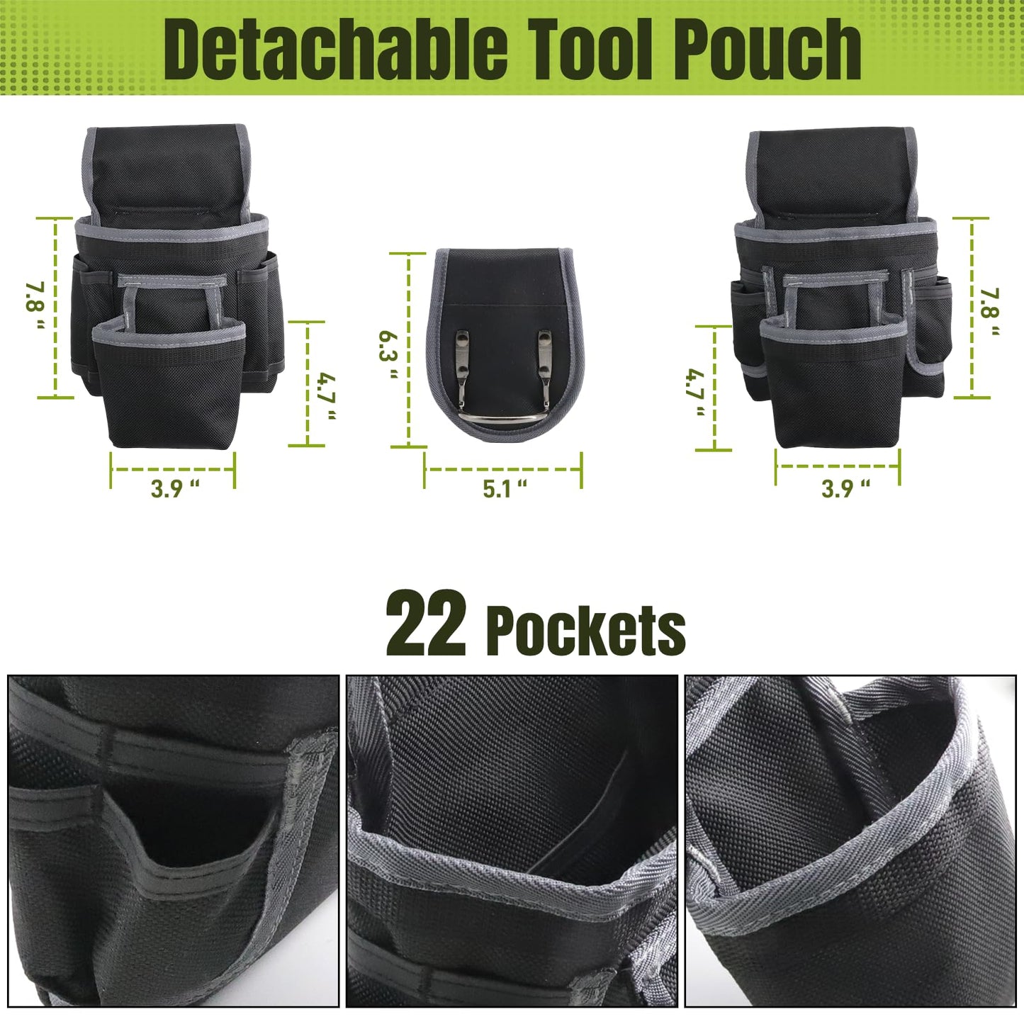 Tool Belt, Tool Belts for Men, 32 to 66 Inches Adjustable Waist, Electrician and Carpenter Tool Belt with Suspenders for Construction and Gardening, Black and Grey