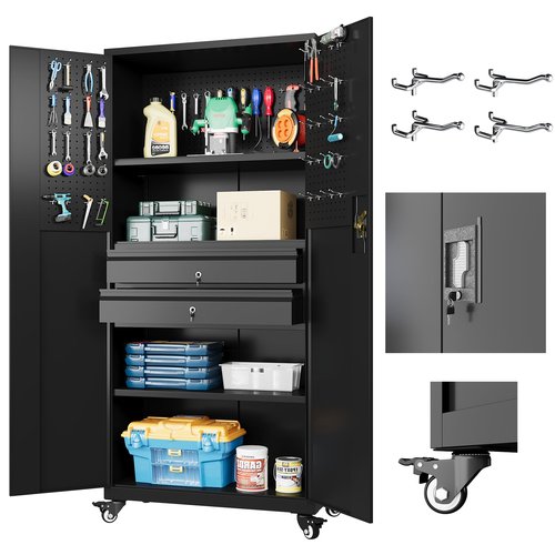 JFHID 71" Metal Garage Storage Cabinet with Drawers and Wheels Rolling Tool Chest Cabinet with Pegboards, Lockable Storage Cabinets with Adjustable Shelves for Warehouse,Workshop,Garage, Basement