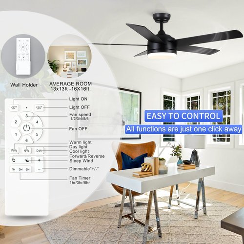 YUHAO 52 Inch Black Ceiling Fan with Light and Remote Control.Noiseless,Dimmable,3CCT,6 Speeds Reversible, DC Ceiling Fans for Indoor or Covered Outdoor