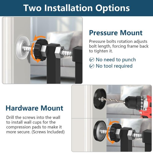 Senneny Extra Tall Cat Gate Height Adjustable from 59”-83”, No Drilling Auto-Close Pet Gate for Stairs and Doorways. Includes Wall Cups, Pressure or Hardware Mount, Black, 75-85cm/ 29.5-33.4" Wide