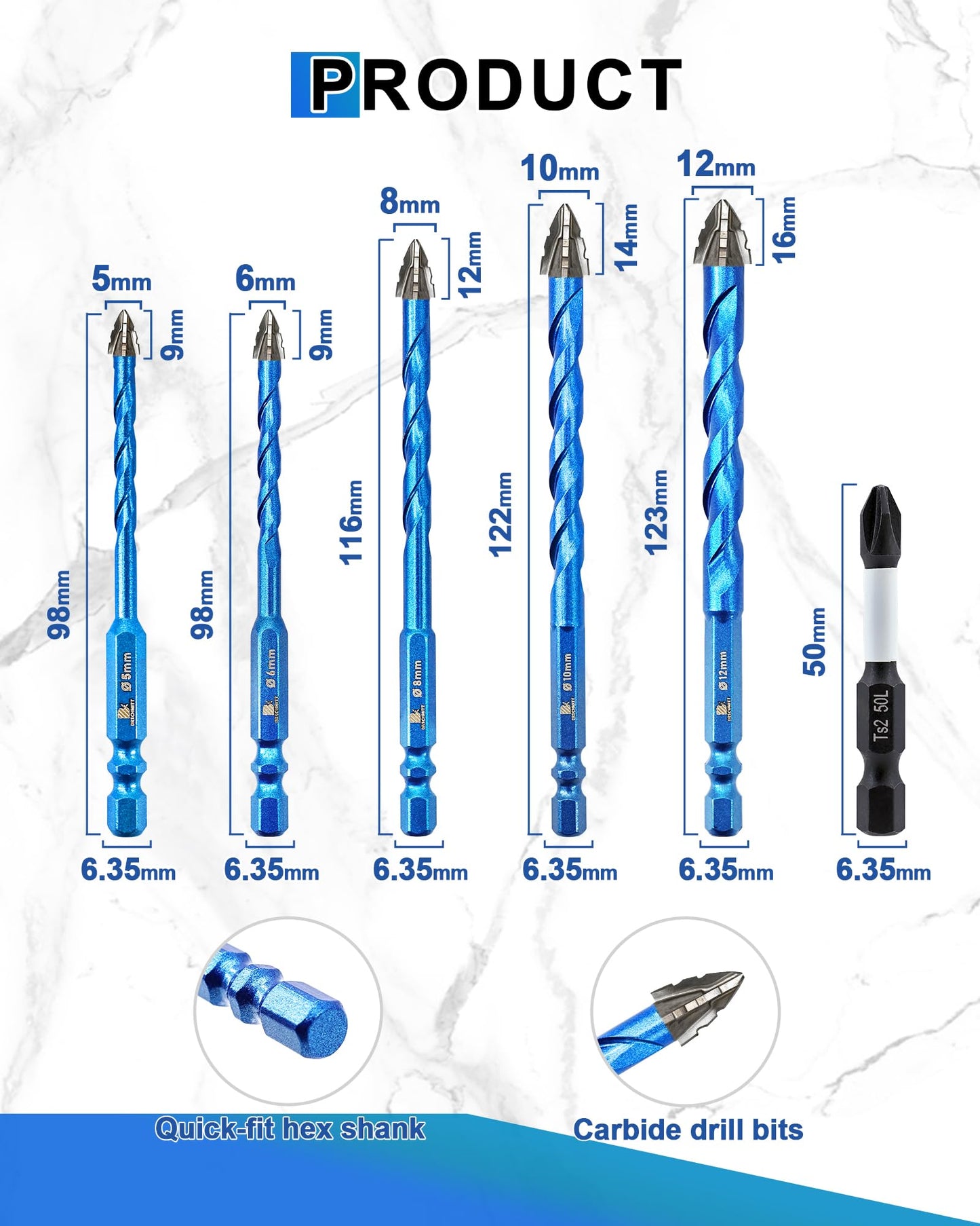 BRSCHNITT Serrated Concrete Drill Bit Set 3/16"*2,1/4"*4,5/16"*2,3/8",1/2" & Phillips Bits - Carbide Masonry Drill Bits for Brick/Ceramic/Tile/Wood/Plastic/Hex Shank Drills