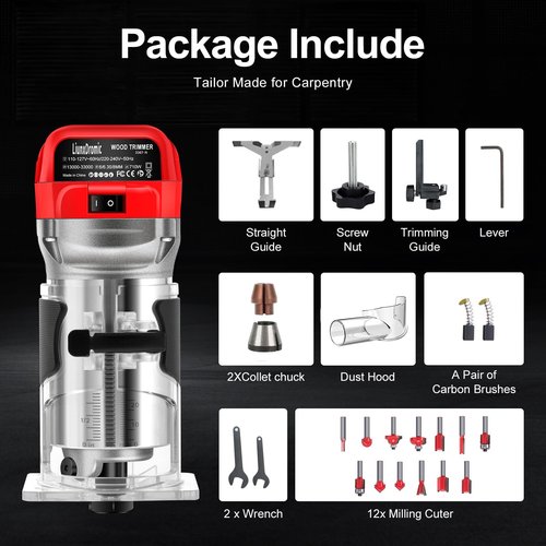 Router Tool 800W 13000-33000 RPM 6 Variable Speeds Wood Router for Woodworking Tools Compat Router Plunge Router Trim Router with 12pcs 1/4" Router Bits 31000r/Min 120V,Tool Box(US6)