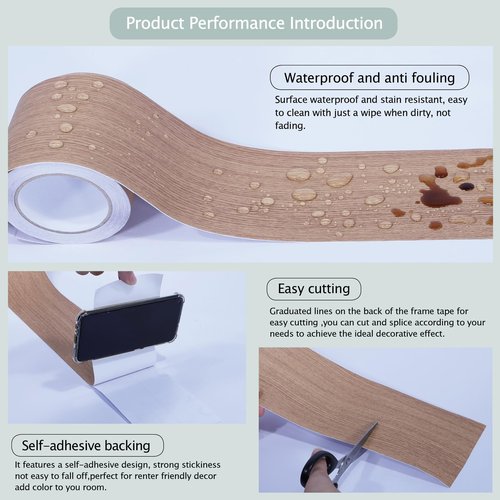 FEILAYS Teak Wood Grain Removable PVC Waterproof Border Wall Decor Removable Self Adhesive Door Frame Window Mirror Bathroom Tiles Sticker Grain Trim Wallpaper 1.96inch x 393inch