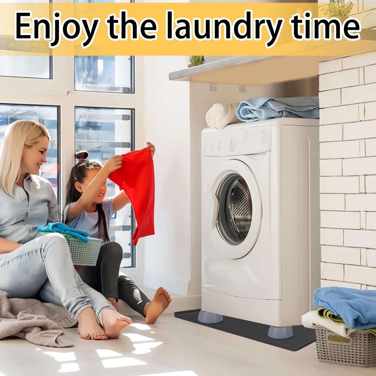 Large Washing Machine Drain Pan 33"x30" with 4 Anti-Vibration Foot Pads Washer Tray,Non-Slip, Waterproof, Laundry Appliance Floor protection Set Noise Reduction Leak Prevention -Soft Silicone Mat