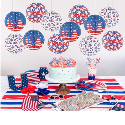 zilue 4th of July Decorations Red White and Blue Hanging Paper Lanterns for Patriotic Decorations American Independence Day Memorial Day Party Supplies Pack of 12