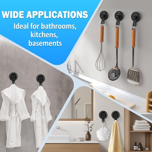 TACGEA Suction Cup Hooks for Shower, Powerful Vacuum Shower Hook for Towel, Robe, Loofah - Reuseable and Removeable Bathroom Hook, Black, 6 Pack