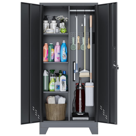 VASAAOSD 61" Broom Closet Storage Cabinet, Metal Storage Cabinet with Doors, Utility Cabinets for Brooms and Mops, Cleaning Tool Cabinets for Garage, Laundry Room, Bathroom