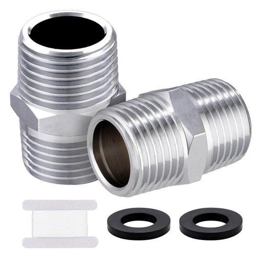 Shower Hose Extension Connector, Male NPT 1/2x Male NPT 1/2 Shower Hose Extender Fitting Extra Long Joint, Used to Connect Two Hoses, Chrome（2 Packs ）