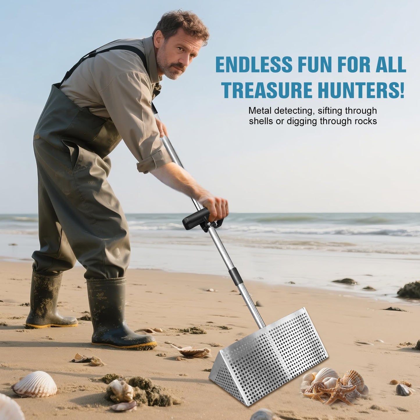 Sand Flea Rake for Beach - Detachable 47" Long Handle Sand Sifter Heavy Duty Stainless Steel Sand Scoop with 16" Width Basket Metal Detecting Tool with Anti Slip Handle for Collecting Shark Teeth