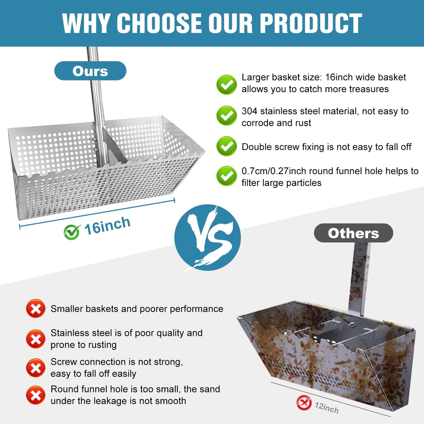 Sand Flea Rake for Beach - Detachable 47" Long Handle Sand Sifter Heavy Duty Stainless Steel Sand Scoop with 16" Width Basket Metal Detecting Tool with Anti Slip Handle for Collecting Shark Teeth