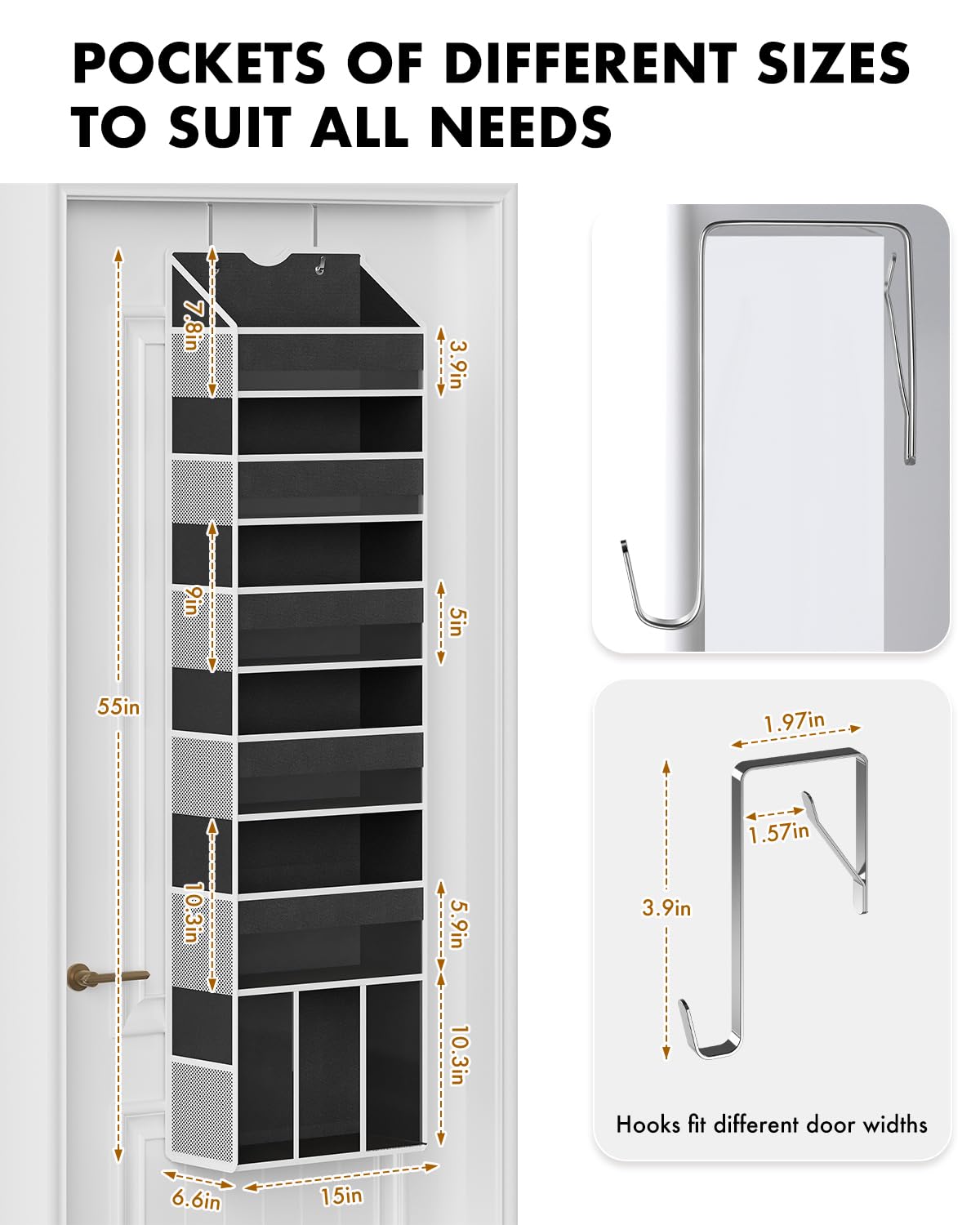 GGUO Over The Door Organizer Hanging - 6 Shelf Over Door Organizer with 6 Clear Front & 12 Side Pockets - 50LB Load Behind Storage for Closet Bedroom Bathroom Nursery Baby Essentials(Black)