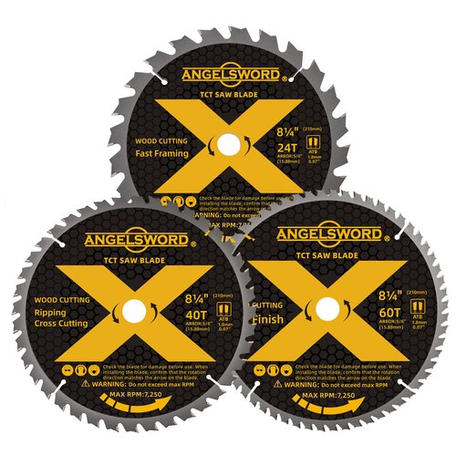 ANGELSWORD 8-1/4 Inch Table Saw Blade/Circular Saw Blade, 24T for Framing&40T for Ripping, Cross Cutting&60T for Fine Finish Wood Cutting, 3 Pack