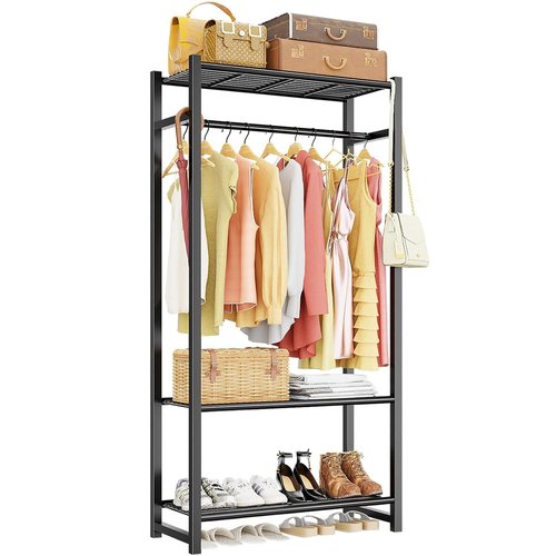 MWQ Clothing Rack with 3-Tier Shelve, Heavy Duty Garment Rack for Hanging Clothes, Metal FreeStanding Wardrobe Closet, Black