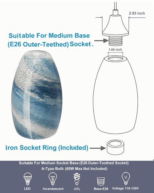 Oval Glass Pendant Lamp Shade - Grey Blue Art Glass Light Covers for Kitchen Island Pendant Light Fixtures Replacement