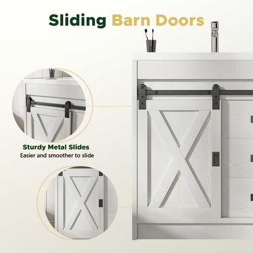 4ever2buy Farmhouse Bathroom Vanity with Sink, Bathroom Vanity Cabinet with 2 Drawers & Sliding Barn Door, White
