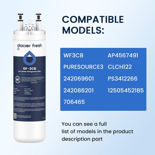 GLACIER FRESH WF3CB Water Filter Replacement for Frigidaire WF3CB, PureSource 3, 706465, 242086201, 242069601, AP4567491, WF425, Pack of 3