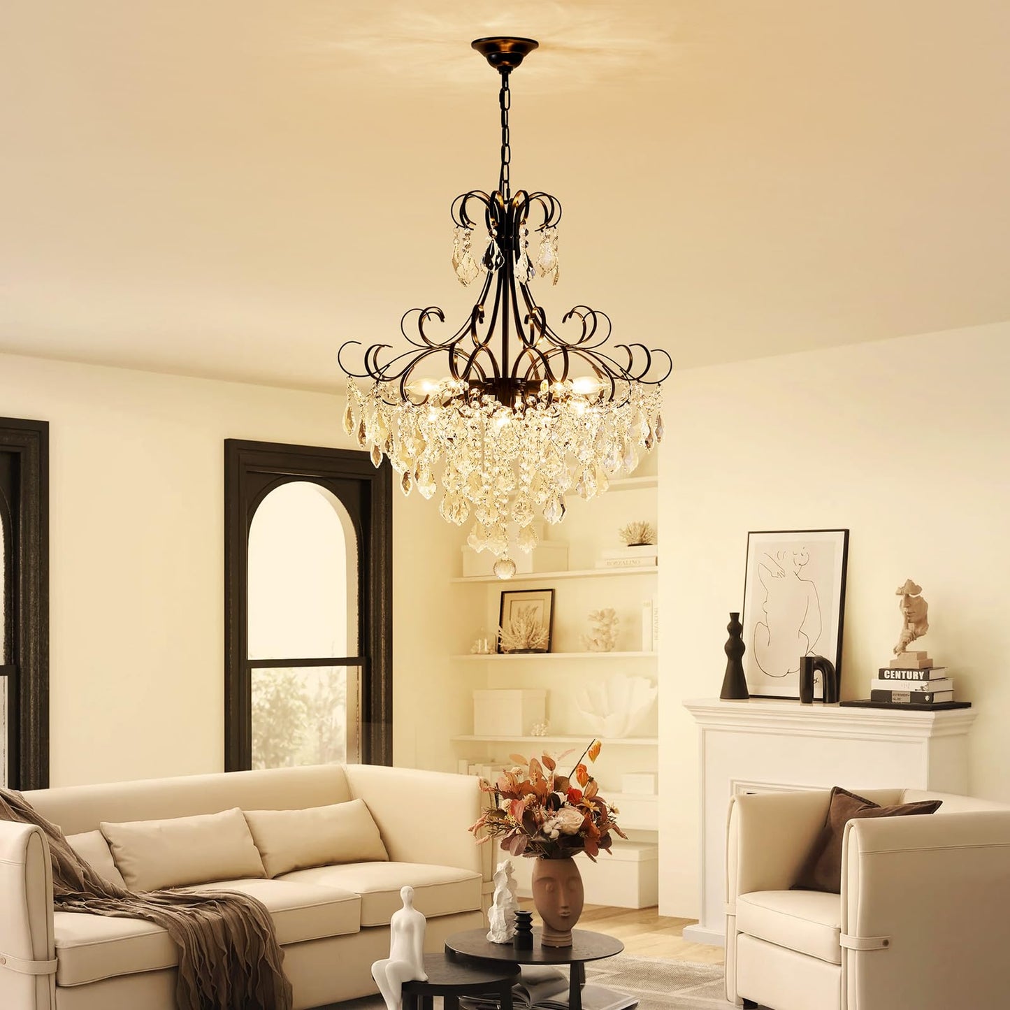 WUZUPS Crystal Chandelier 10-Light Pendant Ceiling Light Modern Lighting Fixture for Dining Room Hallway Bedroom Kitchen Bathroom, H 27.6" x W 22.8", E12 Base, Black