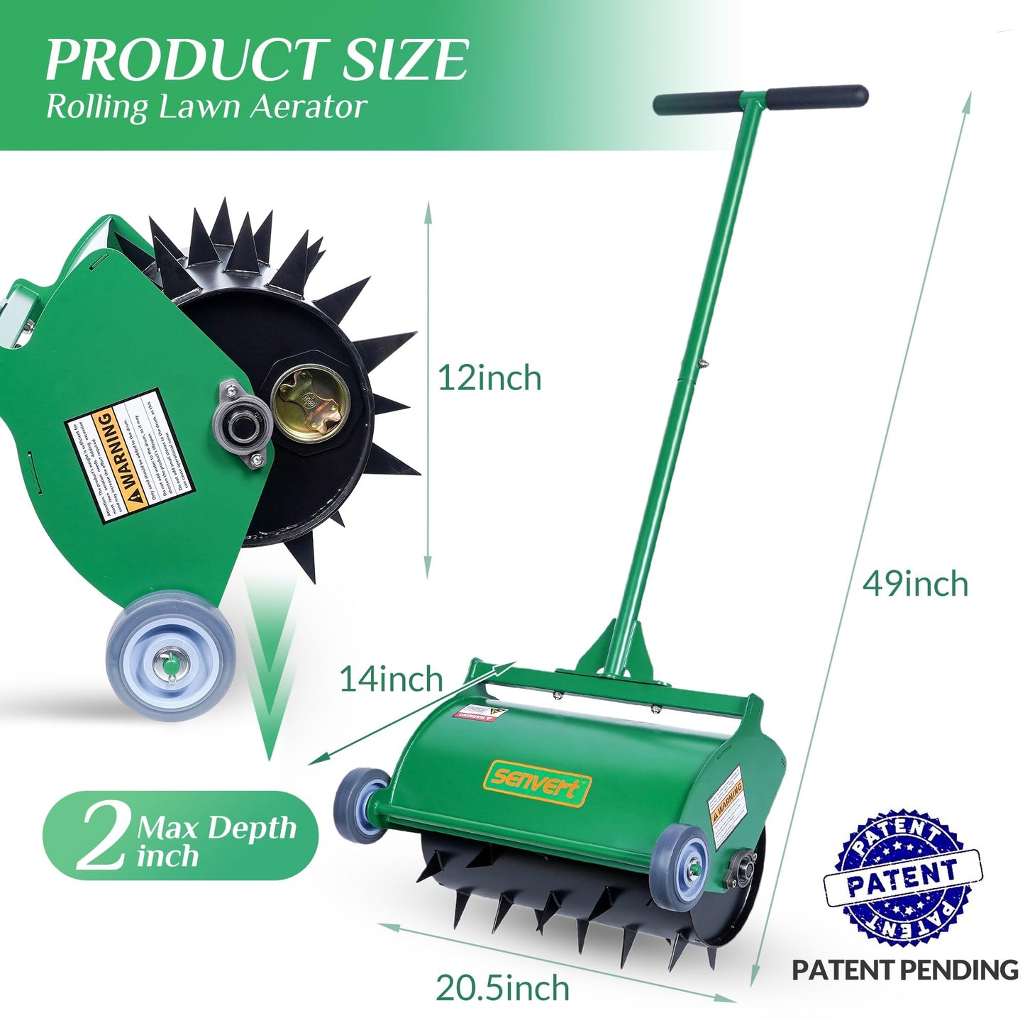SENVERT Rolling Lawn Aerator, Heavy Duty Push Spike Aeration Tool Up to 55 lbs, Manual Rotary Grass Aerator for Garden and Yard Use