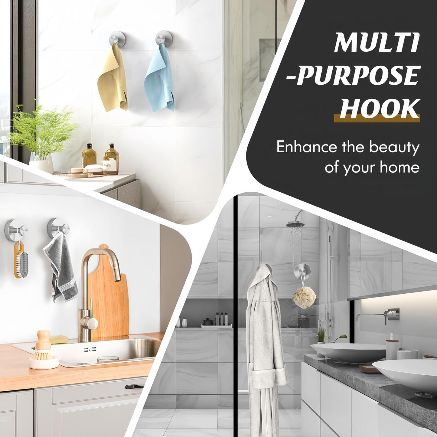 BBLING Suction Cup Hooks, Heavy Duty Damage-Free Towel Hooks for Bathroom, Kitchen, Shower, Glass, Mirrors, Tiles (Black, 4pcs)