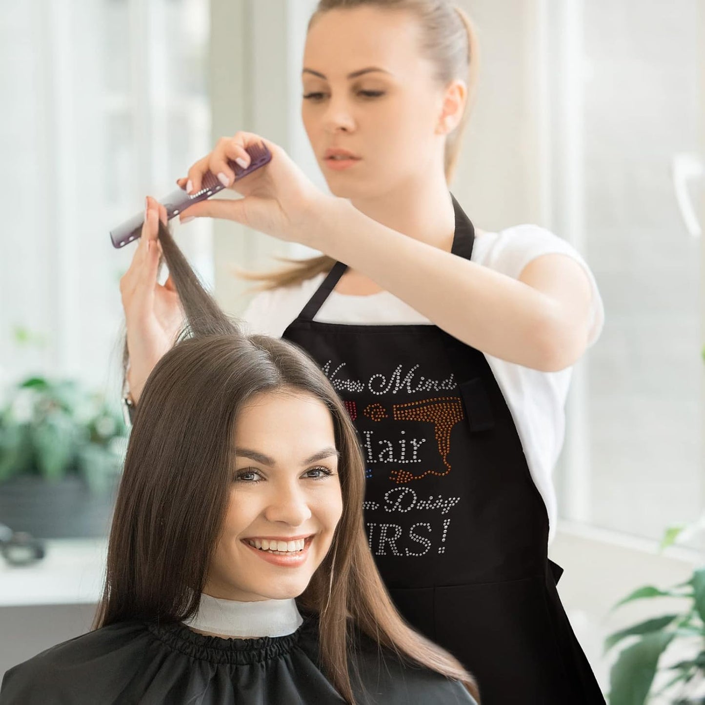 Coume 2 Pcs Hair Stylist Apron Hairstylist Salon Apron with Rhinestone Tools 3 Pockets Waterproof Hairdresser Barber