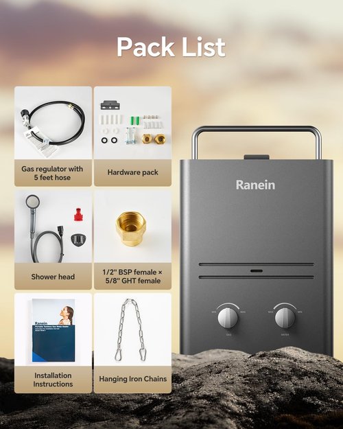 Ranein 1.58 GPM Portable Water Heater, Outdoor Tankless Water Heater Instant Gas Propane Hot Water Heater with Handle for RV Camping Trips Cabins Barns