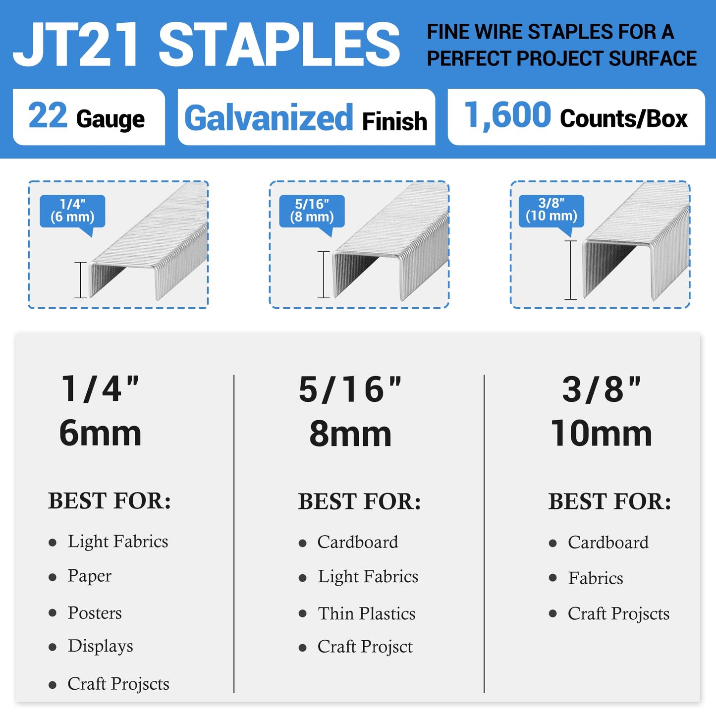 meite JT21 Staples, 1/4 Inch Galvanized Fine Wire Staples for Staple Gun - 7/16" Crown JT21 Staple Refill, Ideal for Upholstery, Crafts, Furniture (5 Packs)