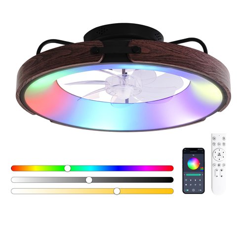 Carrefour Ceiling Fan with Light, 19.5'' Smart Low Profile Ceiling Fan, Flush Mount LED Fan with Remote, 6 Speeds, Reversible, Dimmable, RGB Ceiling Light for Bedroom, Kids Room (Matte Black)