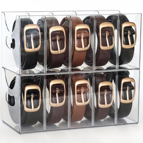 Rusnugic Belt Organizer - 2 Pack Clear Stackable Belt holder For Closet Drawer Storage - 5 Compartments with Removable Dividers, Multi-Purpose Display Bins With Inserts For Ties,Socks,underwear (2)