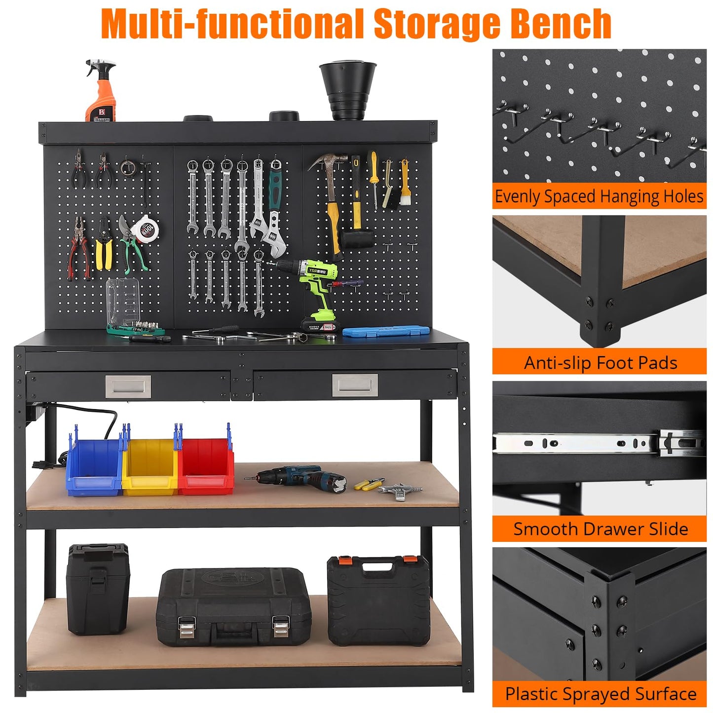 FinerFurnis 3-Tier Metal Workbench with 2 Drawers, Heavy Duty Workstation with Power Outlets and Pegboard, Durable Workshop, Office, and Home Work Bench
