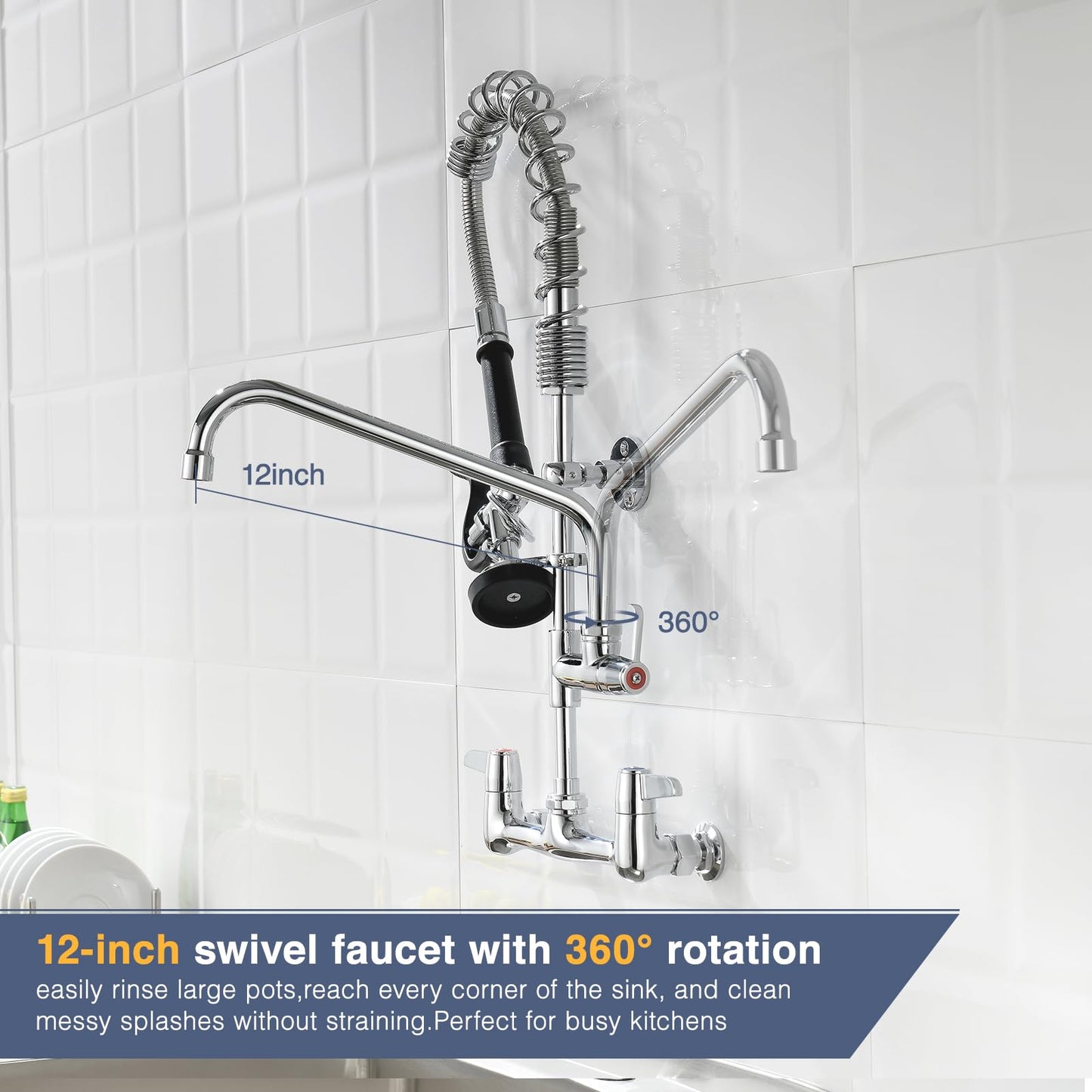 CENOSA Commercial Sink Faucet Wall Mount with Pre-Rinse Sprayer – 8 Inch Center Wall Mount Sink Faucet, 25" Height, 12" Swing Spout, Pull Down Sprayer for Industrial & Restaurant Sinks