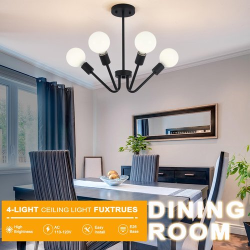 Black Chandelier 4 Light Semi Flush Mount Ceiling Light Black Dining Room Chandelier Kitchen Lighting Fixtures Ceiling Farmhouse Sputnik Light Fixtures Ceiling Mount for Bedroom Hallway E26 Socket