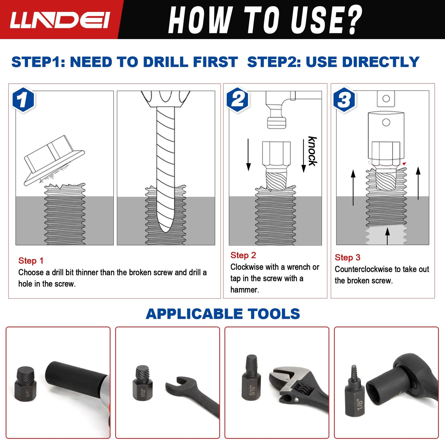 LLNDEI Screw Extractor Set Hex Head Multi-Spline Easy Out Bolt Extractor Set, EZ Out Rounded Screw Remover, 1/8 Inch to 7/8 Inch in 1/32-Inch Increments, CR-MO, 25 Pieces, Stripped Fastener Tool