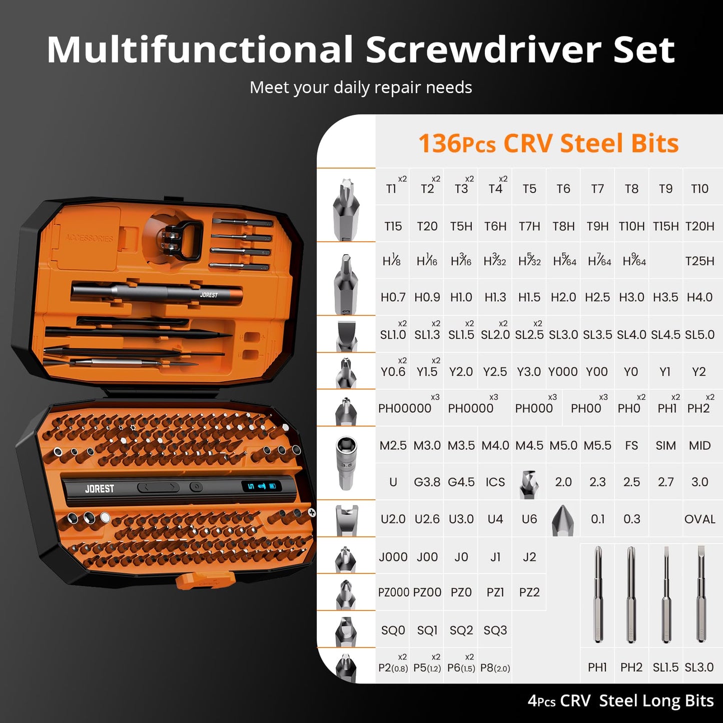 JOREST 155 in 1 Mini Electric Screwdriver Cordless, Precision Power Screwdriver Set, 5 Torque Levels (Max 0.75N.m), Gifts for Men, Magnetic Repair Tool Kit for iPhone, PC, Laptop, PS4 PS5, Xbox, Watch