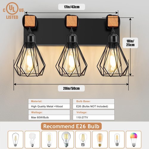 IZORRO Farmhouse Bathroom Vanity Light Fixtures, 3-Light Wood Bathroom Lighting Fixtures Over Mirror, Black Rustic Industrial Sconces Wall Lights with Metal Lampshade for Living Room, Bedroom