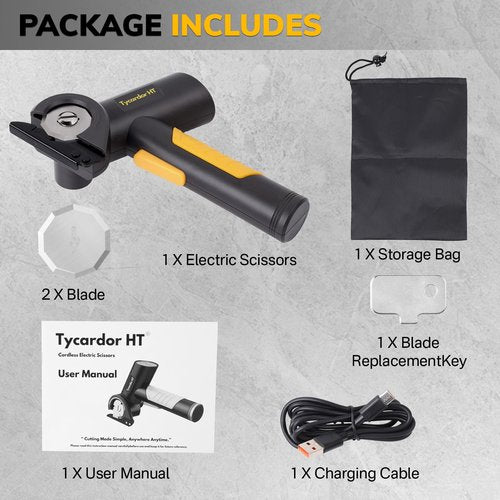 tycardor HT® 4V Cordless Electric Scissors, High Speed Cardboard Cutter with 2 Blades and Storage Bag, Rechargeable Box Cutter, Heavy Duty Rotary Cutter for Fabric Carpet Leather Plastic Cloth Cutting