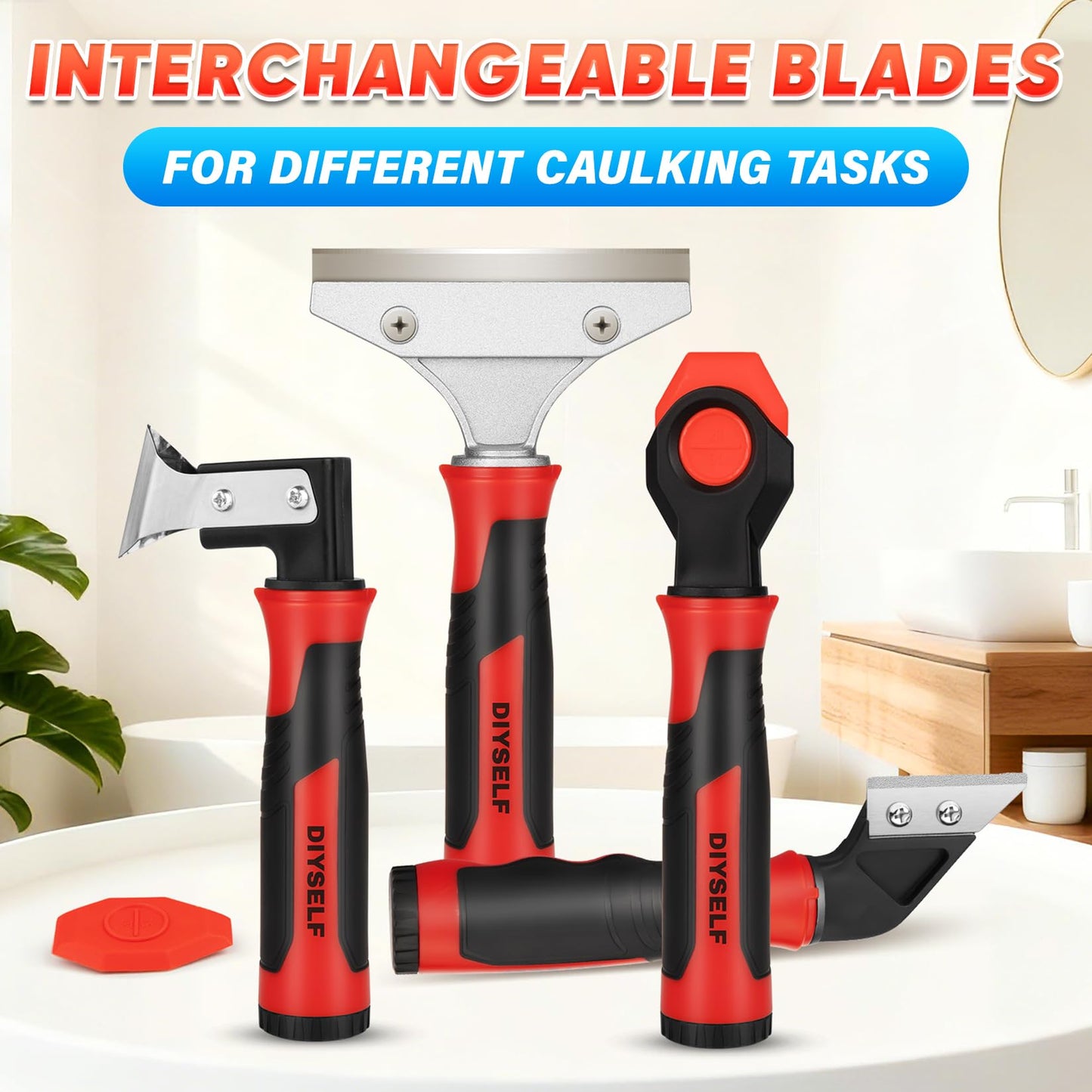 DIYSELF Caulking Tool, 4 in 1 Caulk Remover Tool for Bathroom, Bathtub, Grout, Shower, Tile, Window, Razor Scraper Tool for Cleaning, Silicone Caulk Removal Tool (Red)