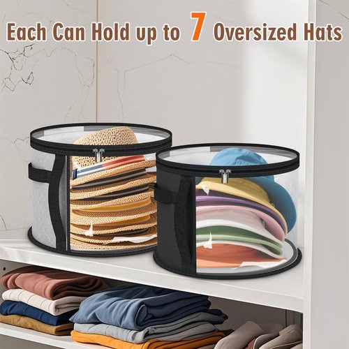 lahnao 2PCS Oversized Clear Hat Storage Bag for Women 16.5 x 10.4Inch, Round Foldable Cowboy Hat Box with Carrying Handles, Hats Box for Travel Holds up to 7 Caps (Black, Grey)