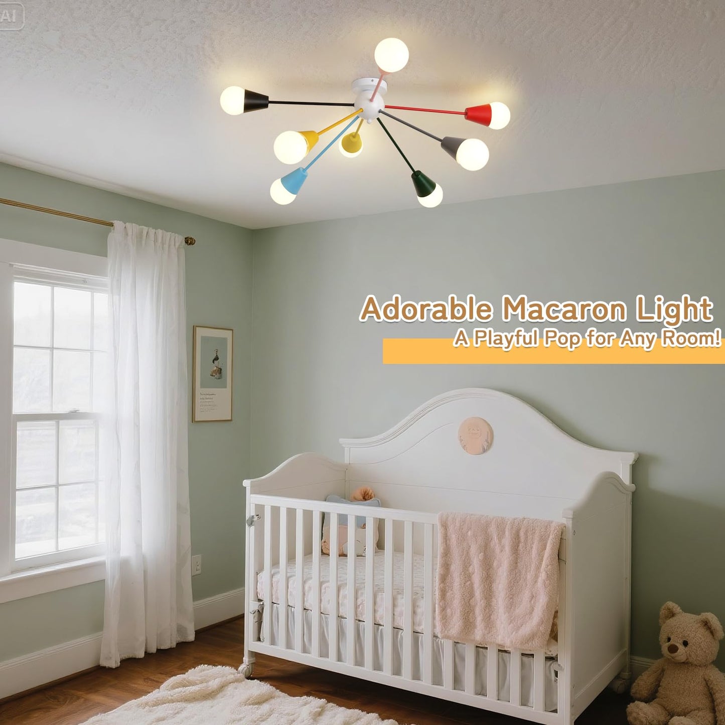 ZORYATA 33” Kids Ceiling Light Fixture, Colorful 8-Light Sputnik Chandelier Lighting, Modern Semi Flush Mount Ceiling Lamp for Children Bedroom, Dining Room, Kitchen, Entryway, Playroom, Multi Color