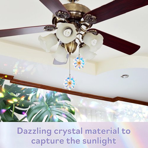 EXEXIUO 2Pcs Ceiling Fan Pull Chain,1.8" Crystal Glass Flower Pendants with 24" Ceiling Fan Chain Extender and Connector with Connector for Bathroom Toilet Light, Ceiling Light, Fan