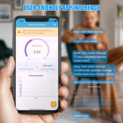 WiFi Home Radon Detector, Portable Radon Meter with Real-Time Short & Long-Term Monitoring, Plug-in Design, Instant Alerts & App Control