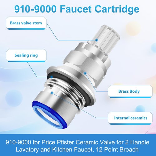 2 Pack 910-9000 Ceramic Disc Cartridge Replacement, Compatible with Price Pfister Hot & Cold Ceramic Valve, Faucet Cartridge, for 2 Handle Lavatory and Kitchen Faucets, 12 Point Broach﻿