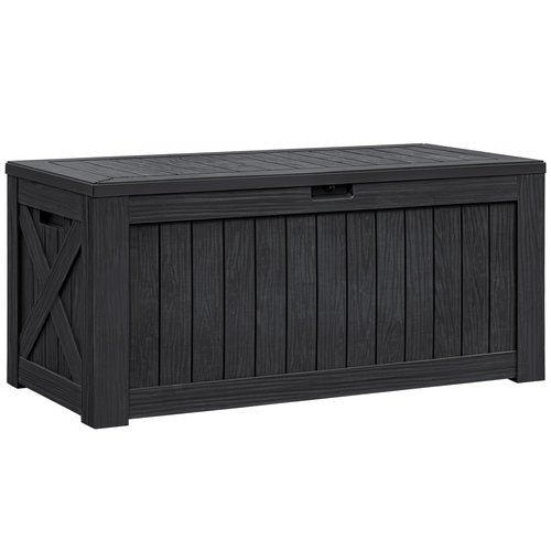 Flamaker Resin Deck Box 120 Gallon Waterproof Large Outdoor Indoor Storage Box Imitation Wood Resin for Patio Furniture Garden Tools and Pool (Black)