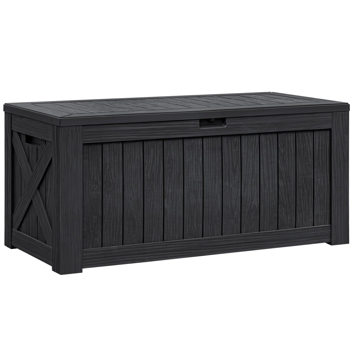 Flamaker Resin Deck Box 120 Gallon Waterproof Large Outdoor Indoor Storage Box Imitation Wood Resin for Patio Furniture Garden Tools and Pool (Black)
